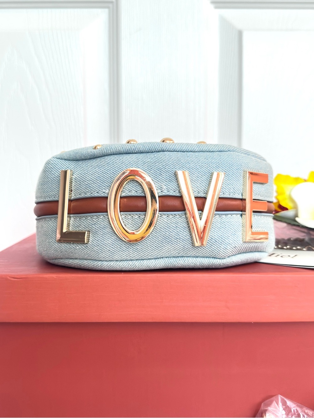 LE MIEL ~ Light Wash Denim Gold Studded Mini Bag w/Crossbody Chain Vegan PU - Picture 3 of 11